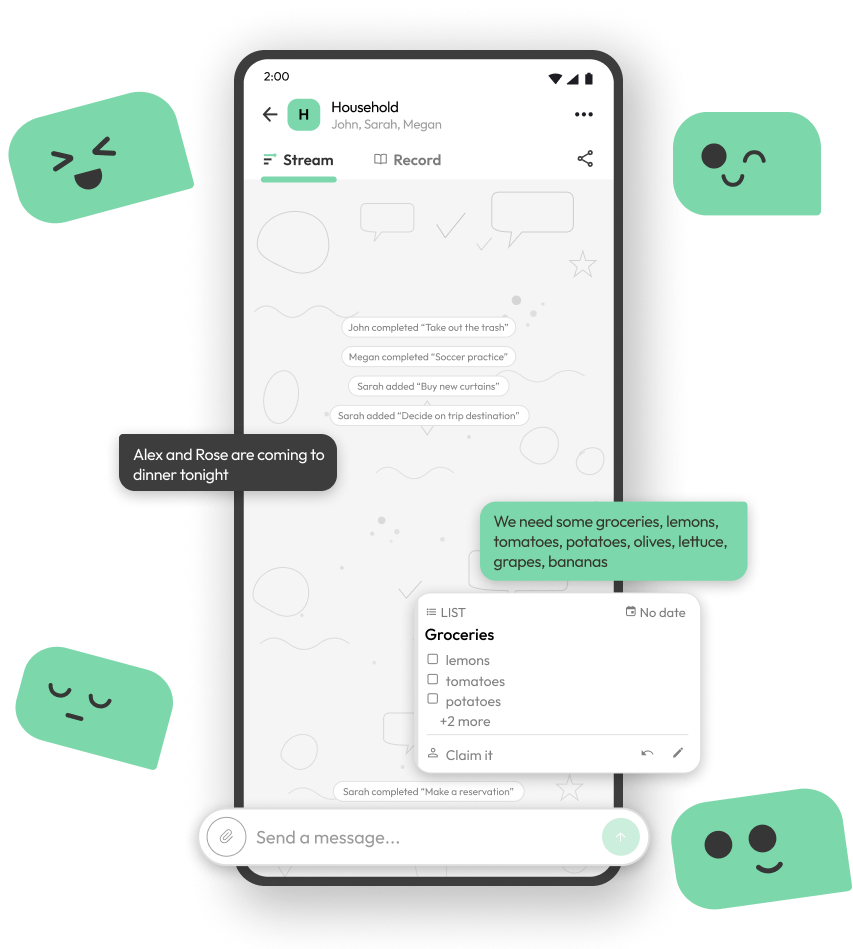 Kynspace app screenshot: a household chat where a message about groceries is automatically turned into a shared checklist